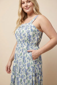 Floral Print Pleat Detail Sleeveless Poplin Dress
