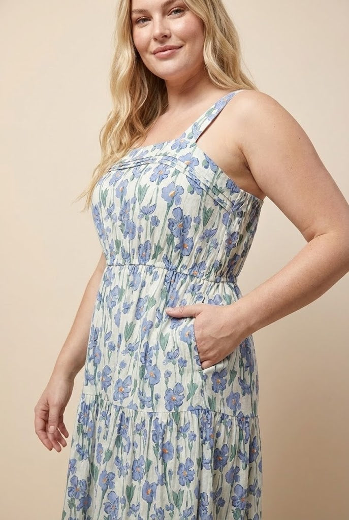 Floral Print Pleat Detail Sleeveless Poplin Dress