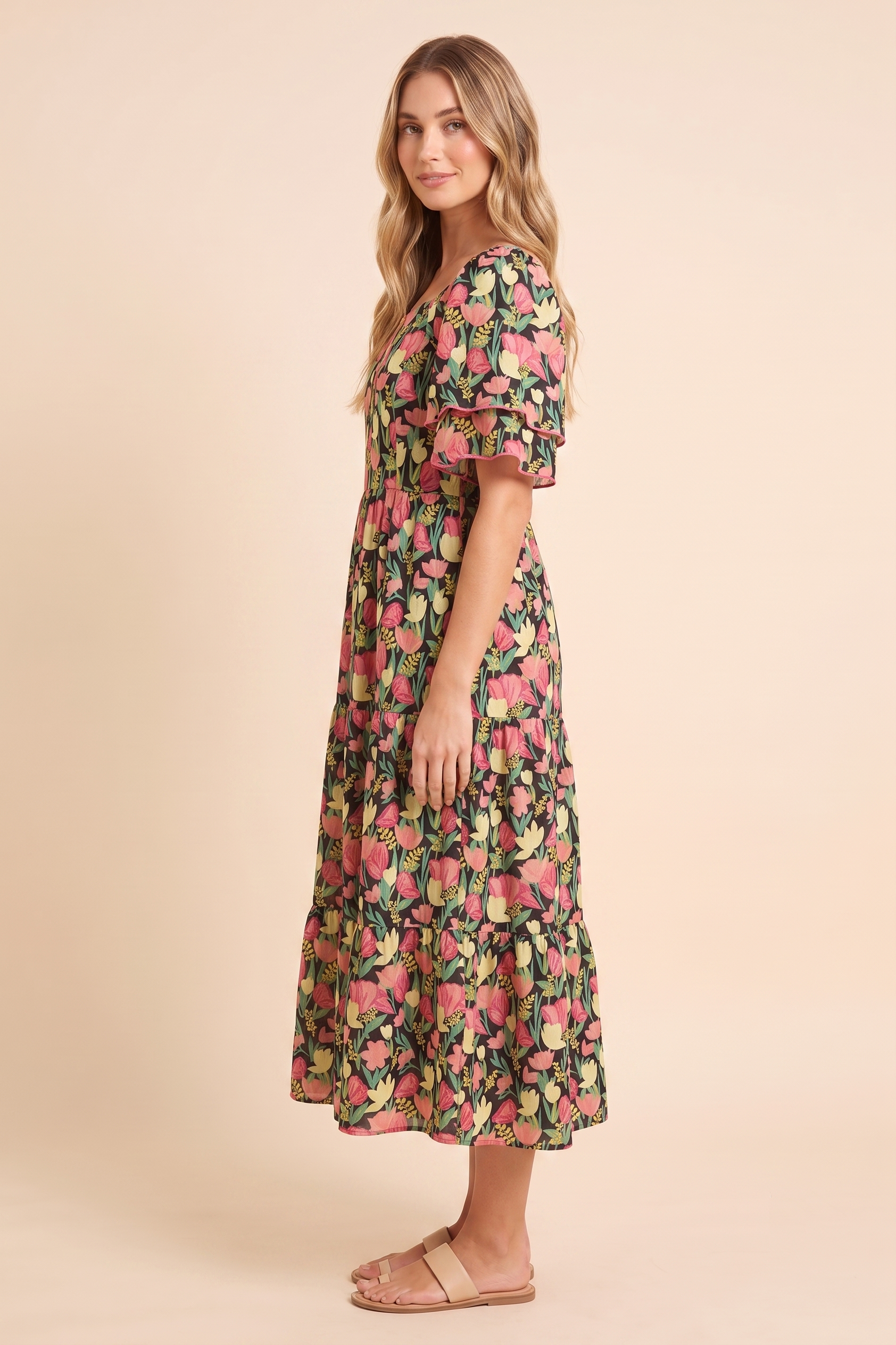 Floral Contrast Piped Tulip Sleeve Dress