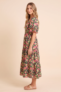 Floral Contrast Piped Tulip Sleeve Dress