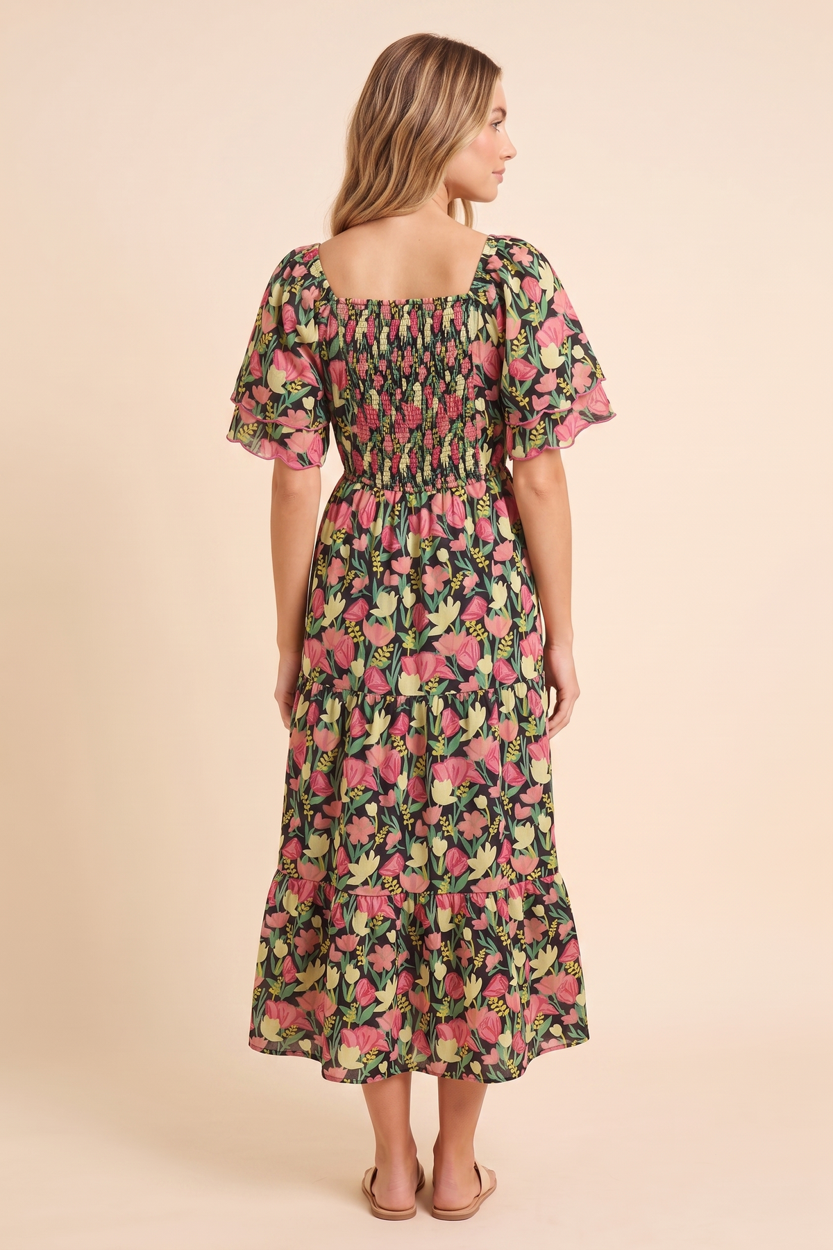 Floral Contrast Piped Tulip Sleeve Dress