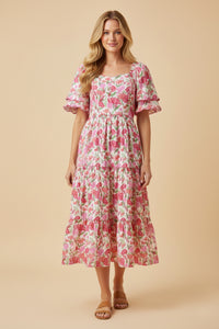 Floral Contrast Piped Tulip Sleeve Dress