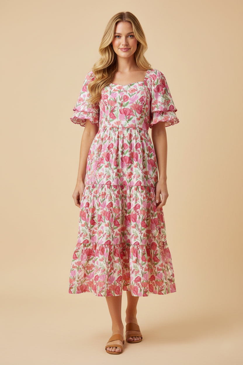 Floral Contrast Piped Tulip Sleeve Dress