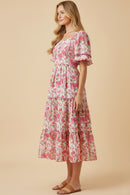 Floral Contrast Piped Tulip Sleeve Dress
