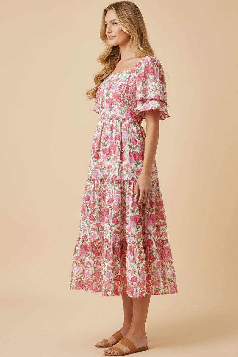 Floral Contrast Piped Tulip Sleeve Dress