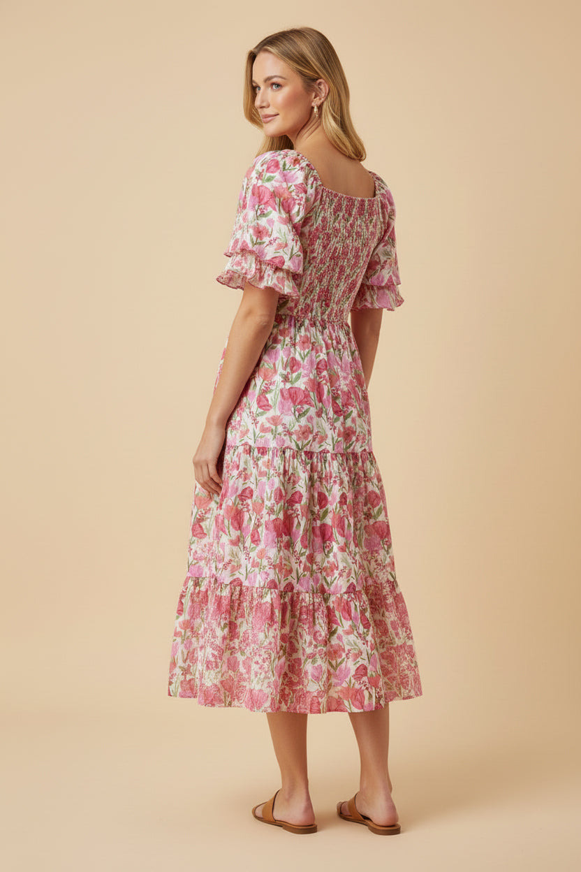 Floral Contrast Piped Tulip Sleeve Dress