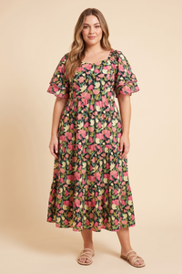 Floral Contrast Piped Tulip Sleeve Dress