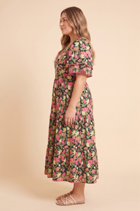 Floral Contrast Piped Tulip Sleeve Dress