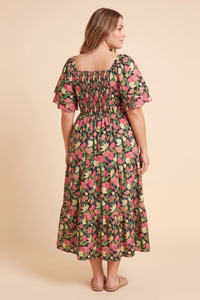 Floral Contrast Piped Tulip Sleeve Dress