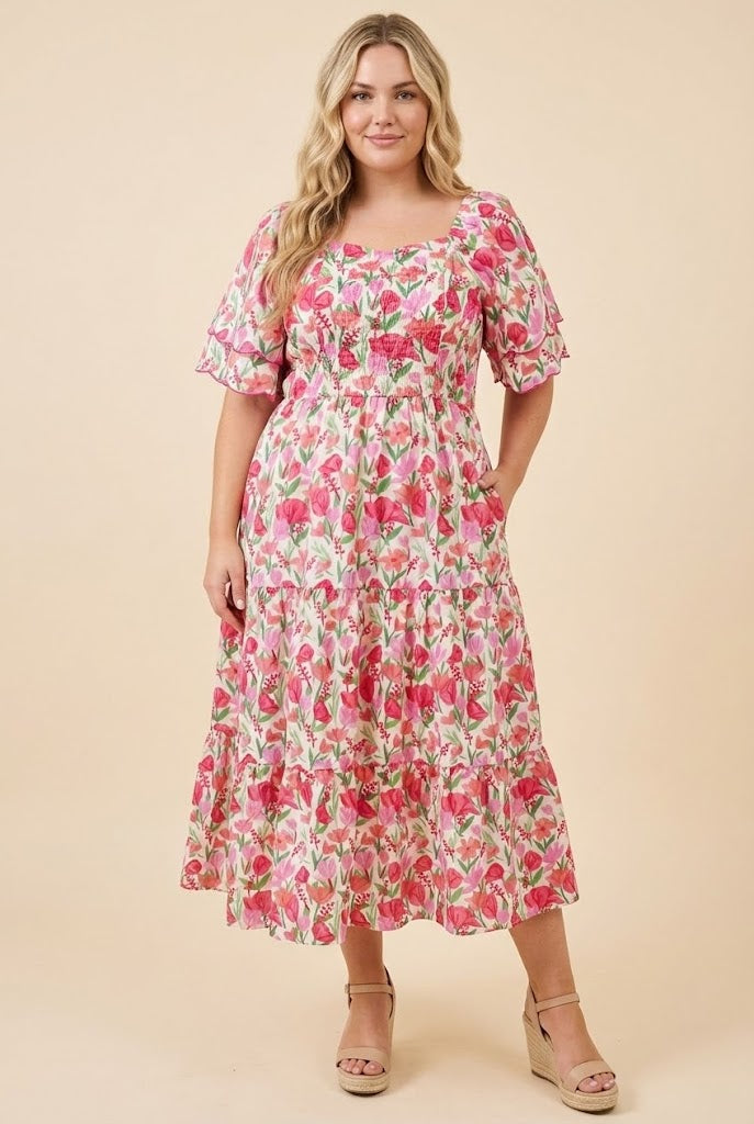 Floral Contrast Piped Tulip Sleeve Dress
