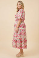 Floral Contrast Piped Tulip Sleeve Dress