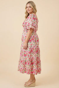 Floral Contrast Piped Tulip Sleeve Dress