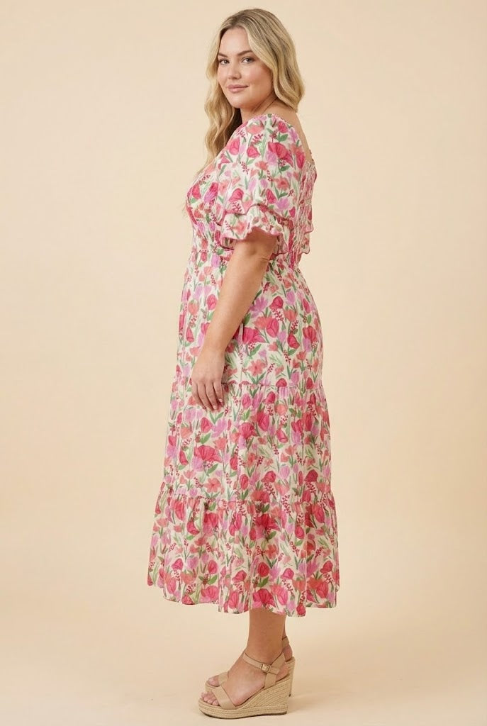 Floral Contrast Piped Tulip Sleeve Dress