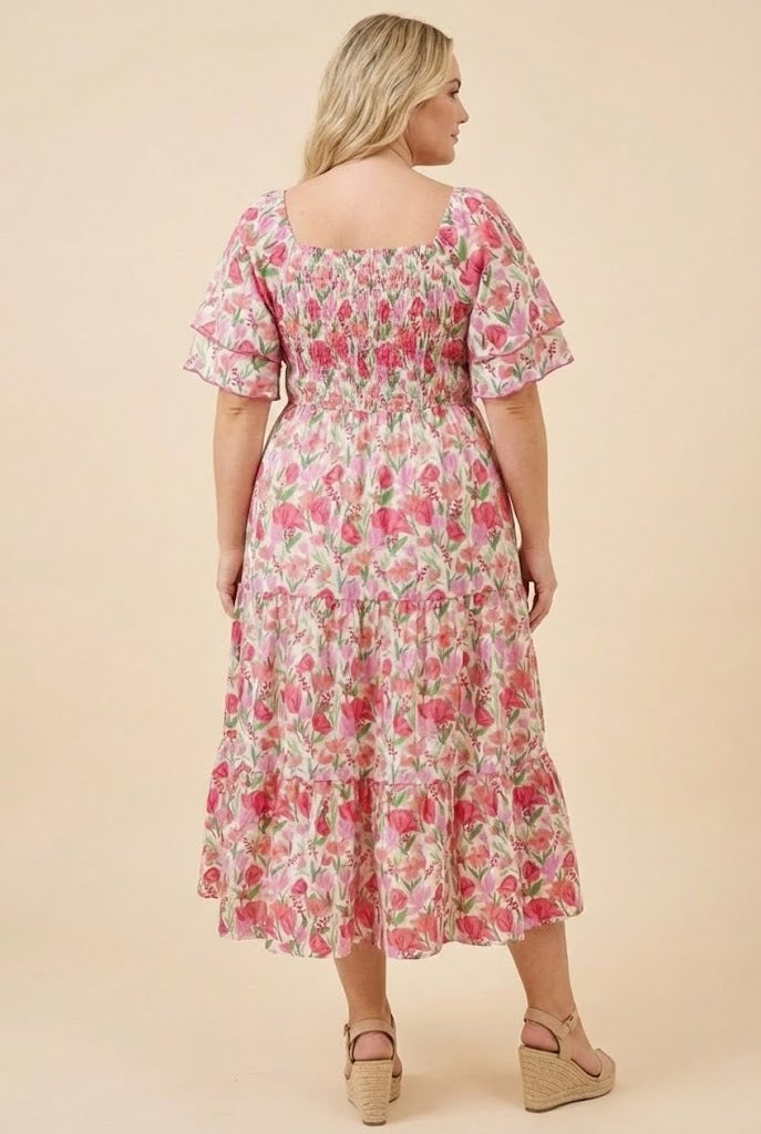 Floral Contrast Piped Tulip Sleeve Dress