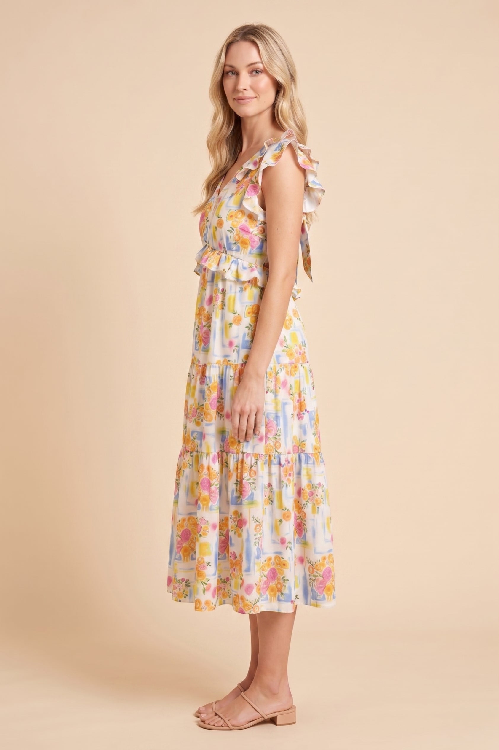 Ruffle Detail Ribbon Back Floral Tank Dress