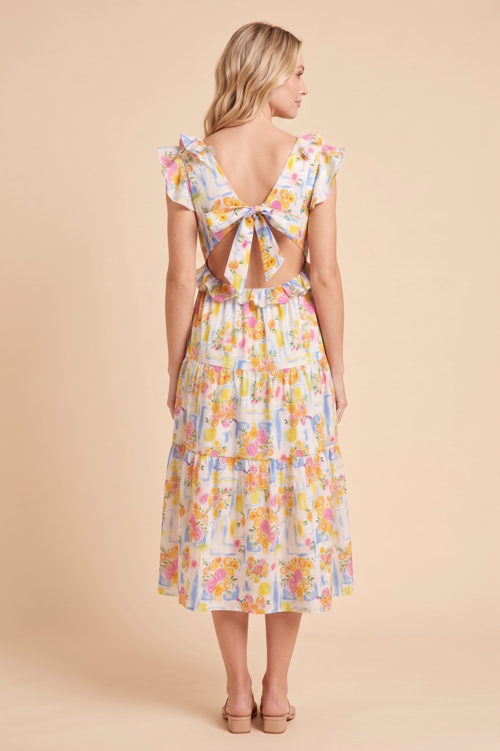 Ruffle Detail Ribbon Back Floral Tank Dress