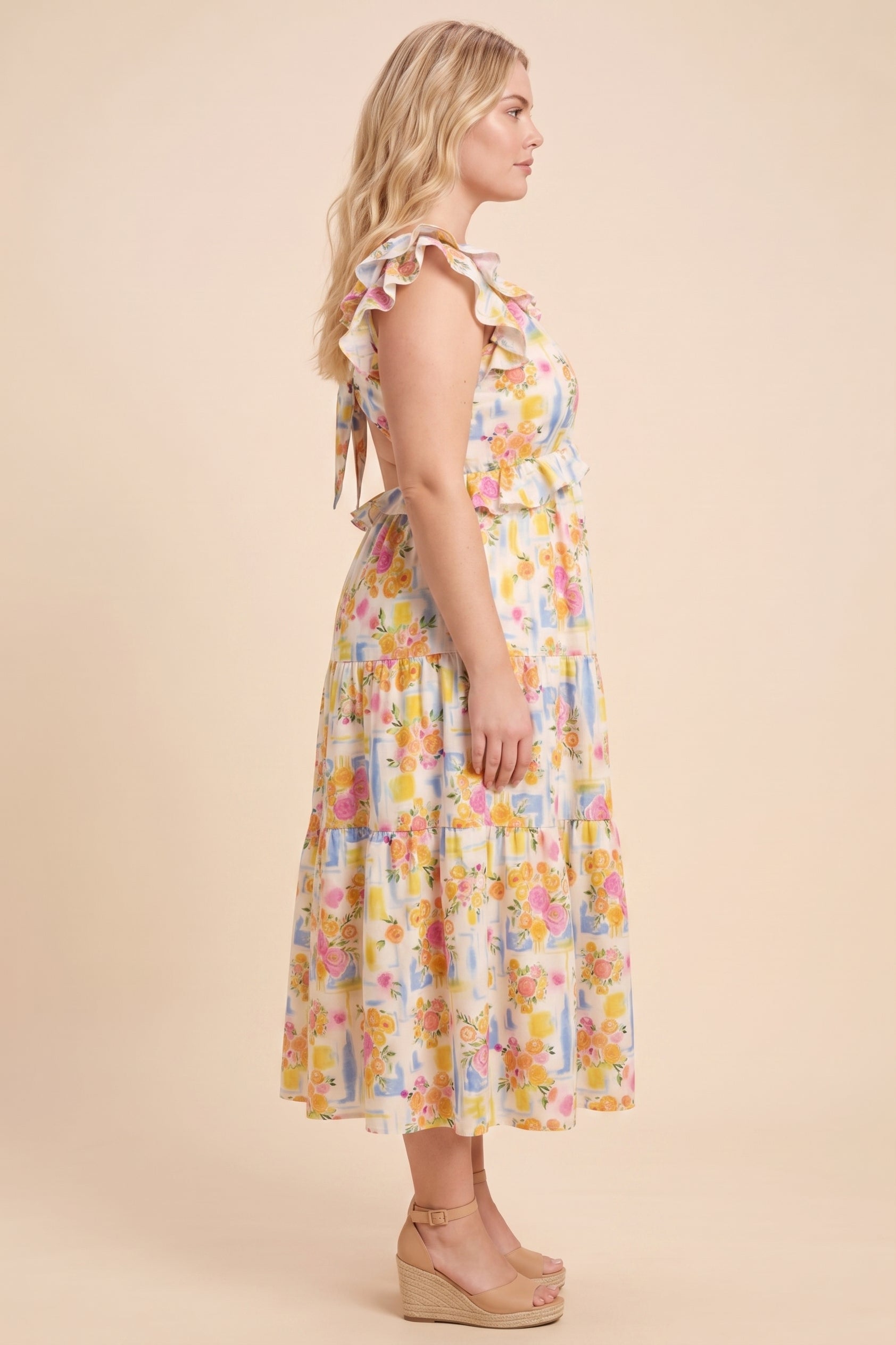 Ruffle Detail Ribbon Back Floral Tank Dress