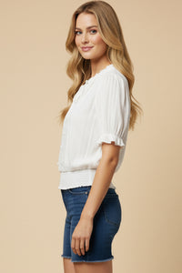 Lace Button Up Smocked Hem Blouse