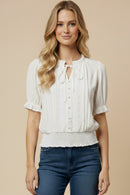 Lace Button Up Smocked Hem Blouse