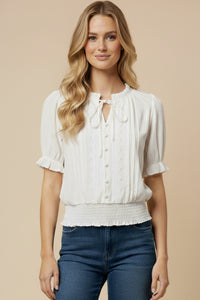 Lace Button Up Smocked Hem Blouse