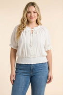 Lace Button Up Smocked Hem Blouse