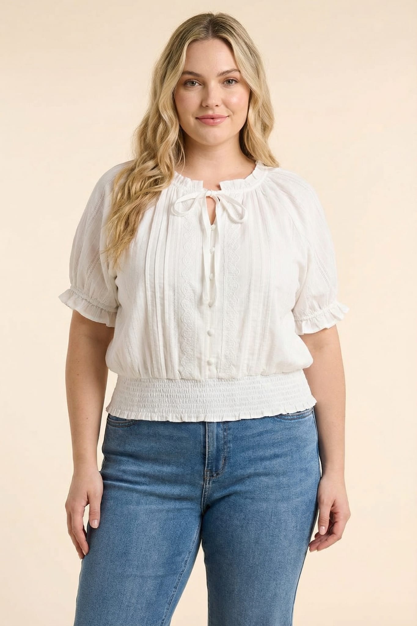 Lace Button Up Smocked Hem Blouse
