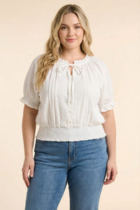 Lace Button Up Smocked Hem Blouse