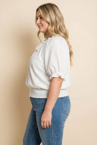 Lace Button Up Smocked Hem Blouse
