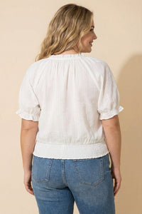 Lace Button Up Smocked Hem Blouse