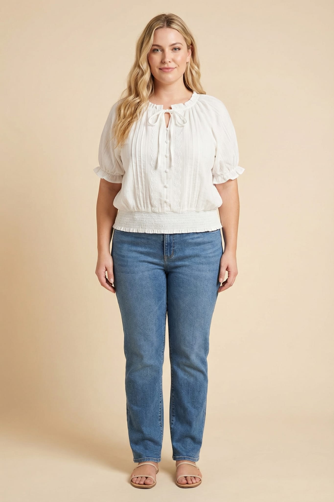 Lace Button Up Smocked Hem Blouse