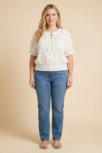 Lace Button Up Smocked Hem Blouse
