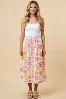 HY3029 Pink Vintage Block Print Piping Detail Buttoned Skirt Front