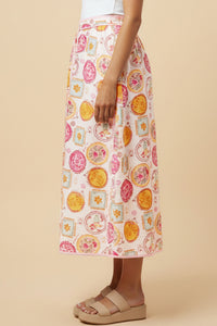 HY3029 Pink Vintage Block Print Piping Detail Buttoned Skirt Side