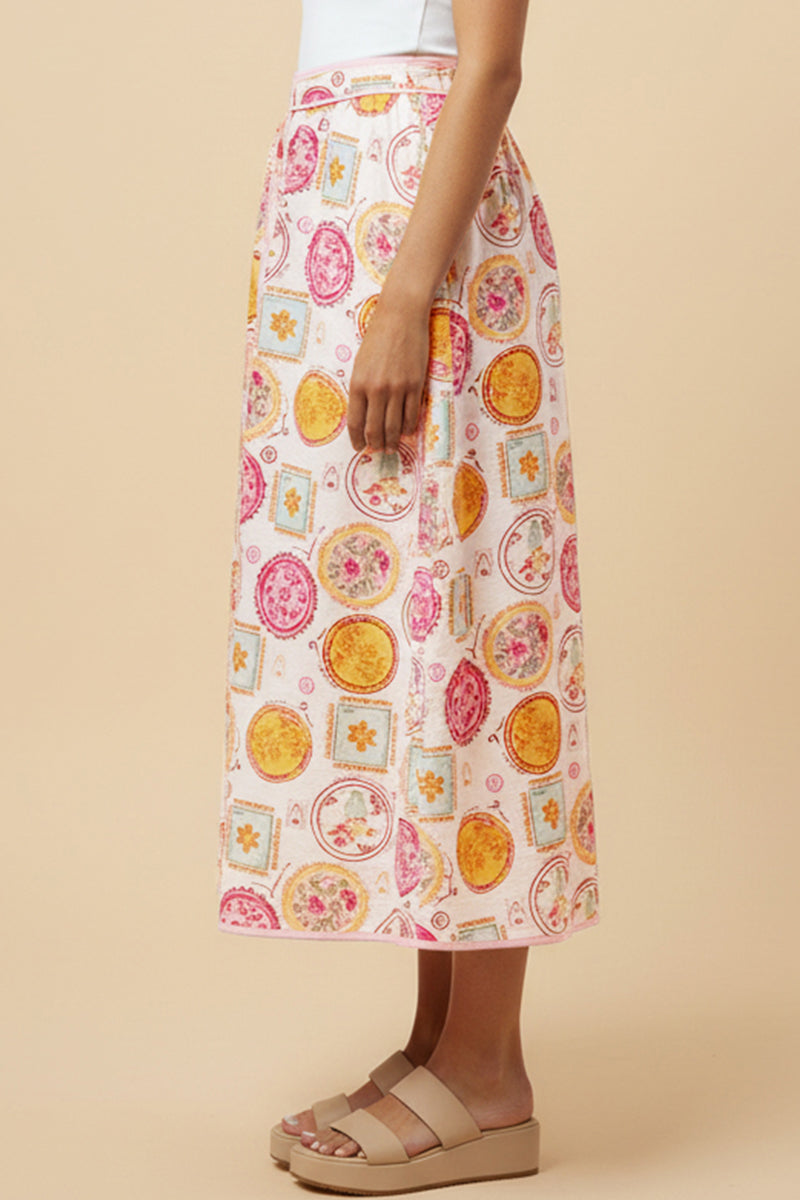 HY3029 Pink Vintage Block Print Piping Detail Buttoned Skirt Side