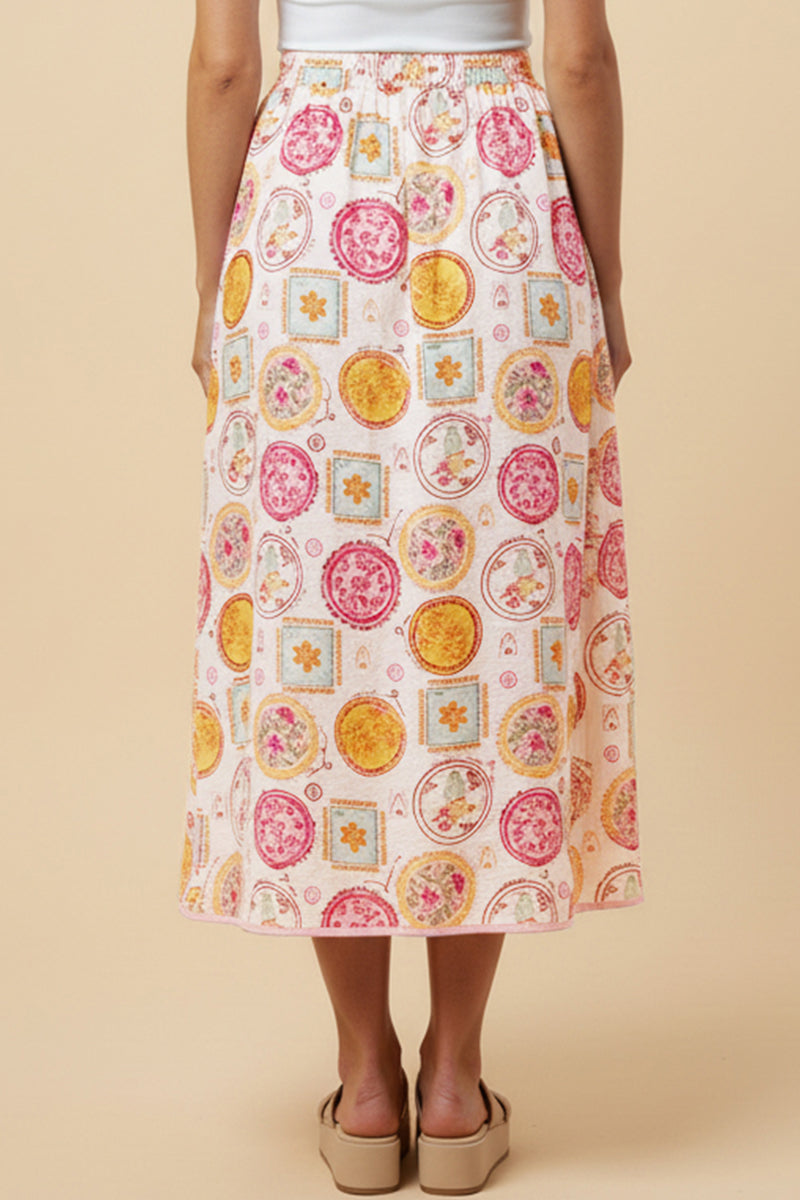 HY3029 Pink Vintage Block Print Piping Detail Buttoned Skirt Back