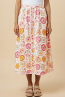 HY3029 Pink Vintage Block Print Piping Detail Buttoned Skirt Close Up