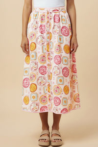 HY3029 Pink Vintage Block Print Piping Detail Buttoned Skirt Close Up