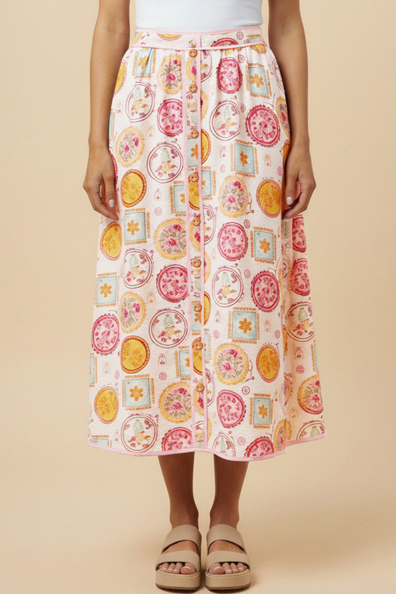 HY3029 Pink Vintage Block Print Piping Detail Buttoned Skirt Close Up