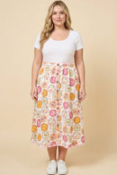 HY3029W Pink Vintage Block Print Piping Detail Buttoned Skirt Full Body