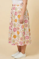 HY3029W Pink Vintage Block Print Piping Detail Buttoned Skirt Side