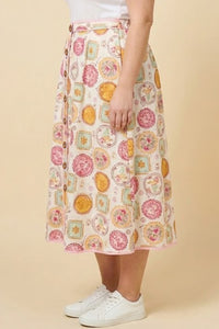 HY3029W Pink Vintage Block Print Piping Detail Buttoned Skirt Side