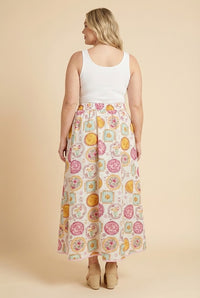 HY3029W Pink Vintage Block Print Piping Detail Buttoned Skirt Back