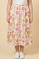 HY3029W Pink Vintage Block Print Piping Detail Buttoned Skirt Front Close Up