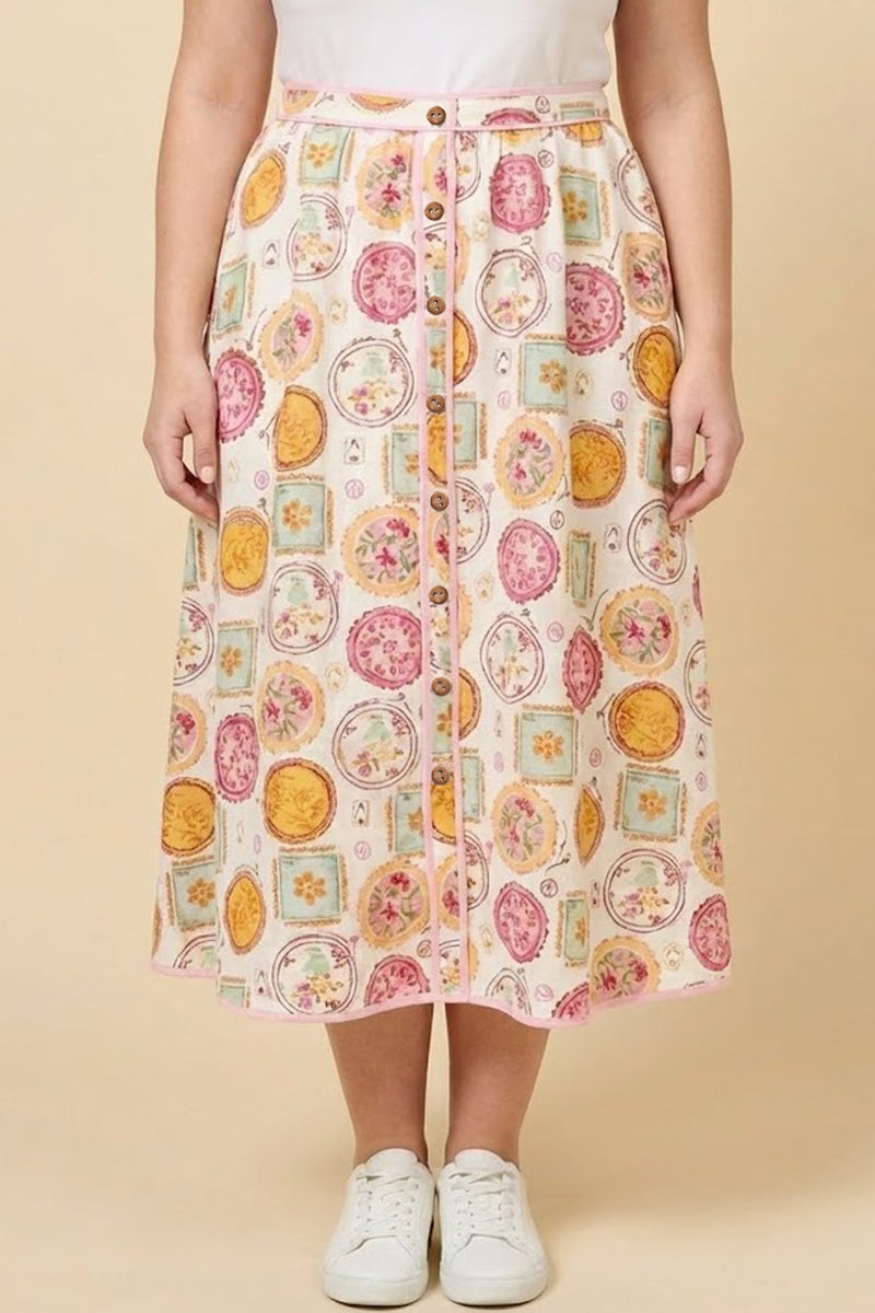 HY3029W Pink Vintage Block Print Piping Detail Buttoned Skirt Front Close Up