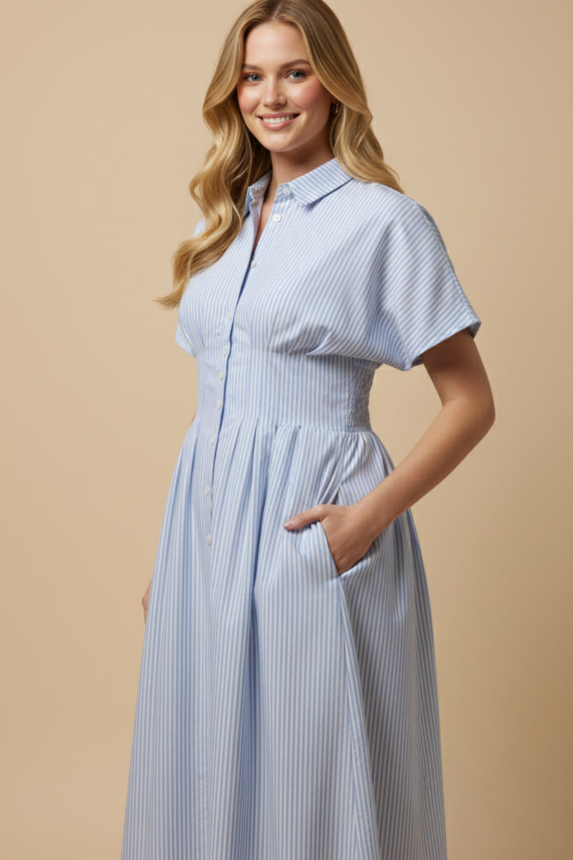 Button Down Pintucked Waist Dress