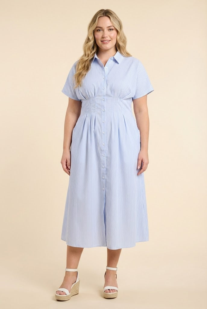 Button Down Pintucked Waist Dress