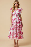 Floral Print Pleated V Neck Ruffled Dress