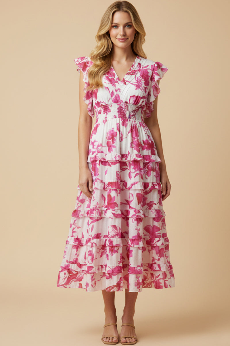 Floral Print Pleated V Neck Ruffled Dress
