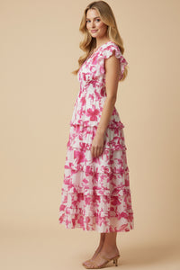 Floral Print Pleated V Neck Ruffled Dress
