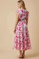 Floral Print Pleated V Neck Ruffled Dress